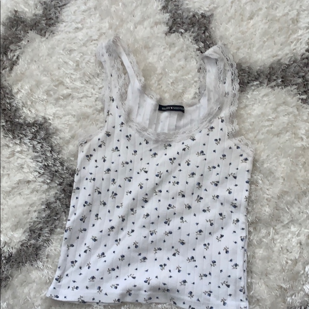 White crop floral tank top w/ strap detailing